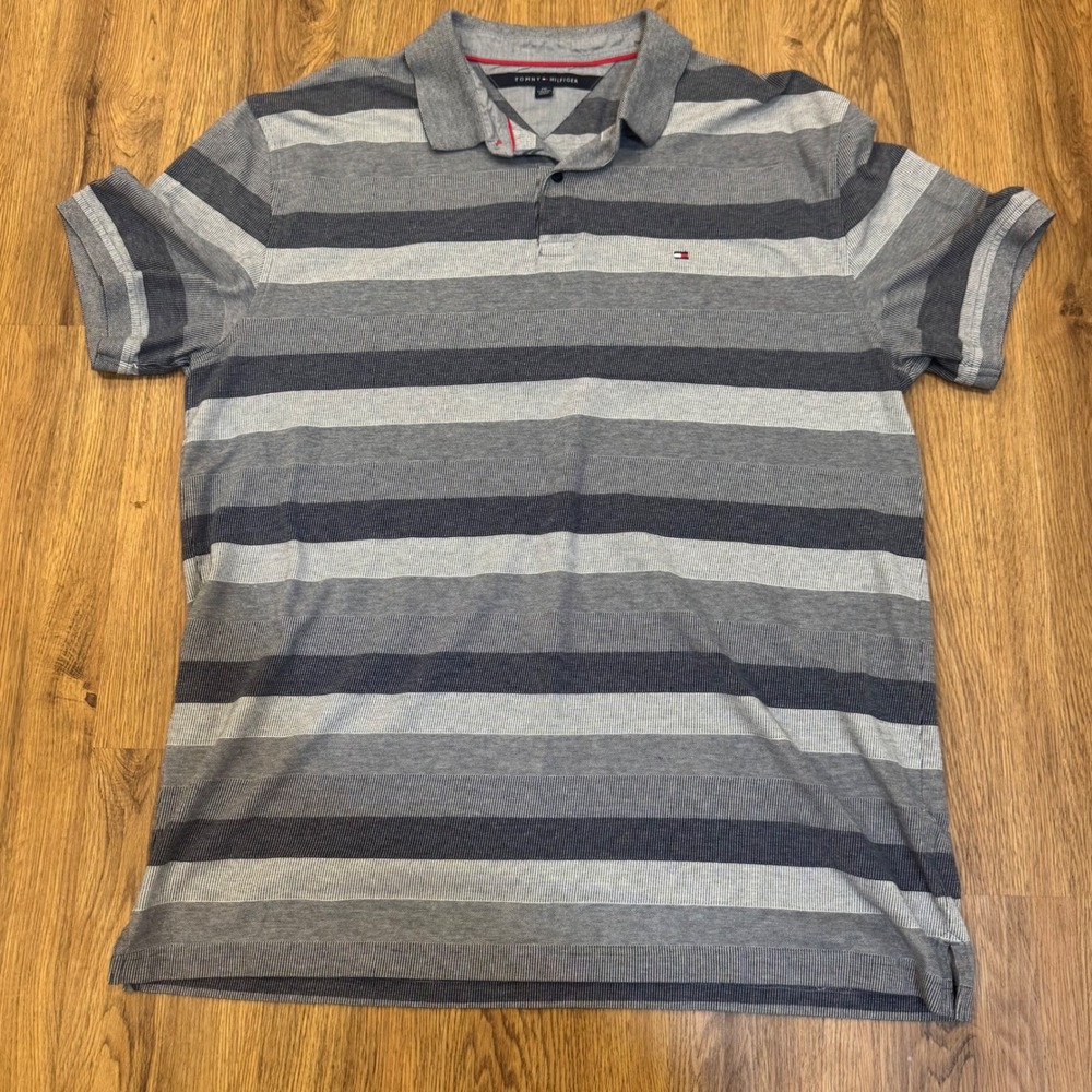 Tommy Hilfiger Mens XXL Grey Navy Blue Striped Short Sleeve Polo Shirt Logo